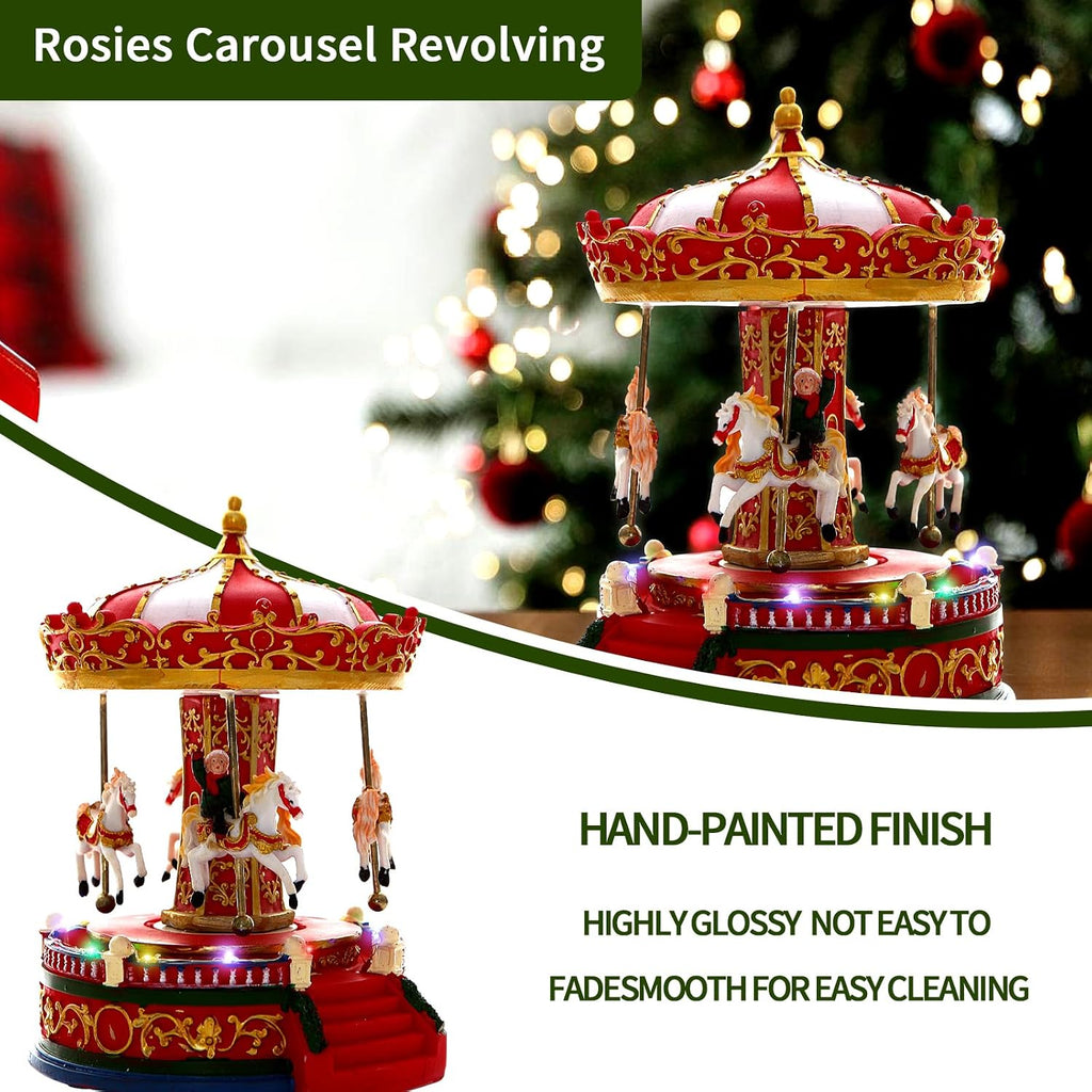 Christmas Carousel Figurines Decoration Christmas Village House Musical Carousel with 6 Moving Horses Go Round, 8