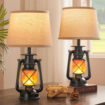 18.72" Black LED Lantern Flickering Flame Table Lamps Set of 2