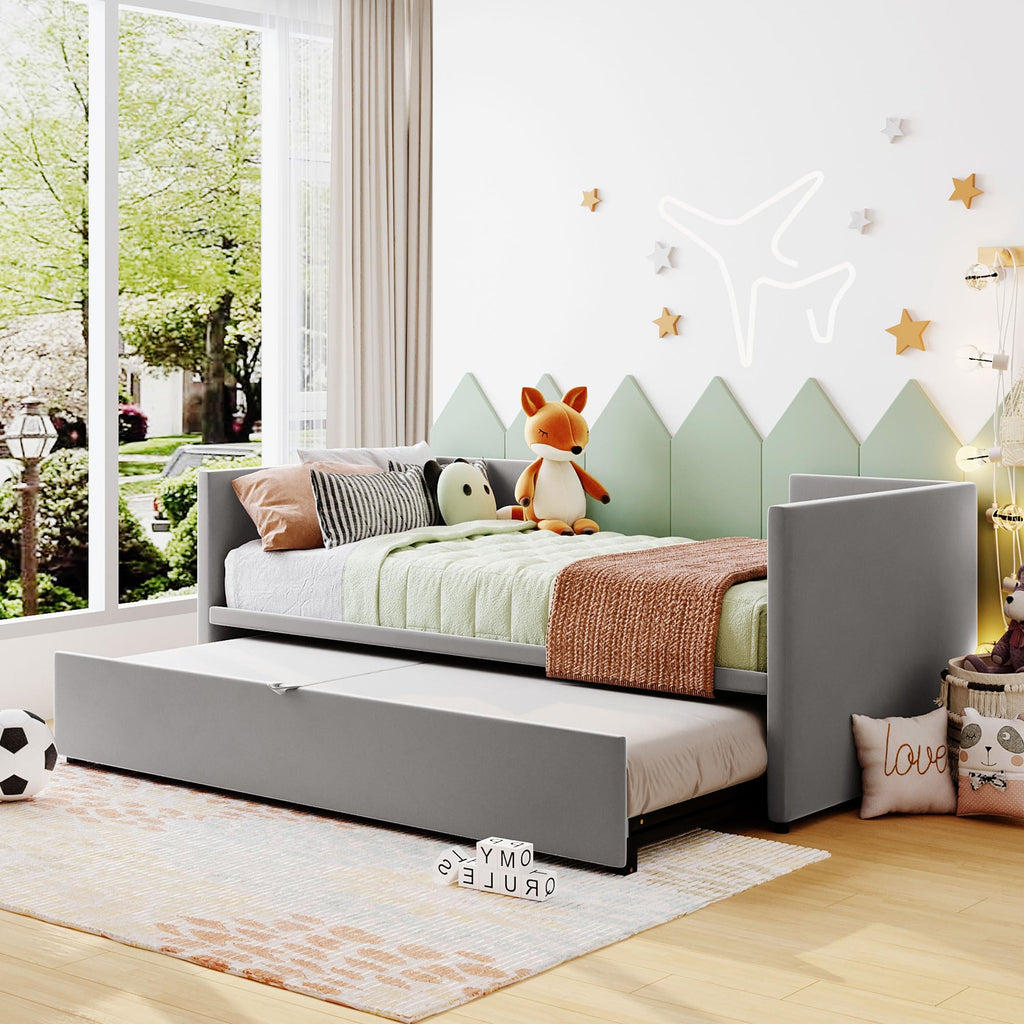 Twin Size Daybed, Upholstered Twin Daybed with Extendable Trundle, Twin Size Daybed Frame, Gray