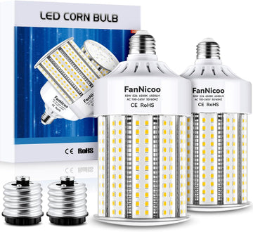2 Pack 600W Equivalent Led Corn Bulb 6500 Lumen Super Bright E26/E39 Base LED Bulbs 6500K Daylight White 50W Corn