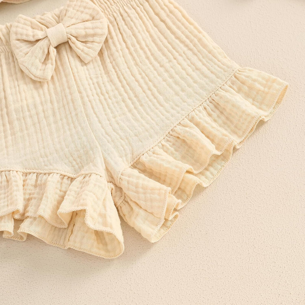 Toddler Baby Girl Solid Color Fly Sleeve Button Ruffle Tops+Bow Shorts Bubble Two Piece Summer Outfit Clothes Set