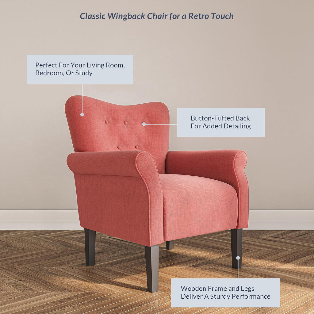 Modern Accent Chair, High Back Armchair, Upholstered Wingback Side Chair, Padded Single Sofa with Wooden Legs - Brick