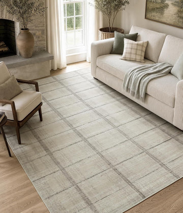 Beige Grey Distressed Plaid Area Rug