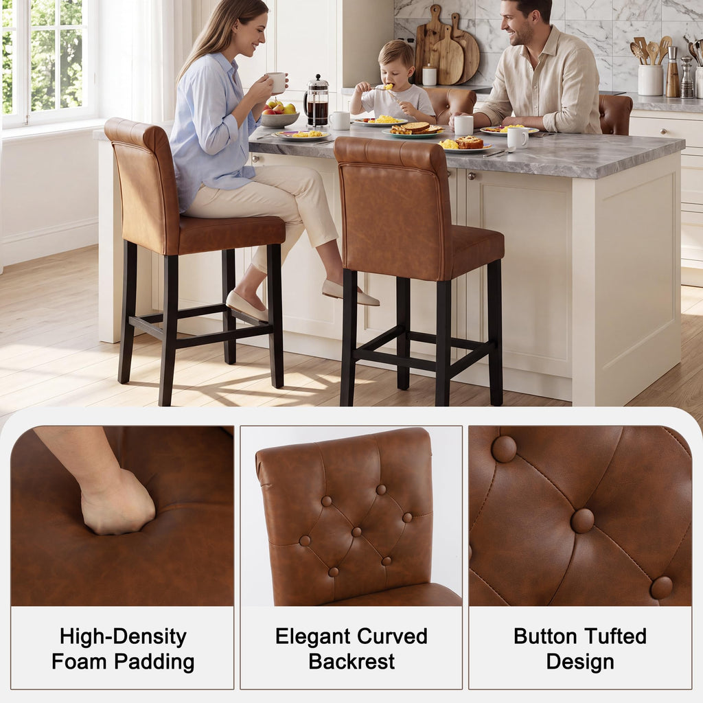 Counter Height Barstools Fabric Upholstered Counter Stool with Rubber Wood Legs Bar Chair Island (Brown, Set of 4)