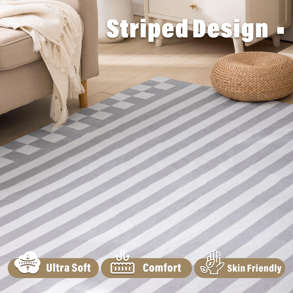 Gray Striped Area Rug Washable Low Pile Carpet