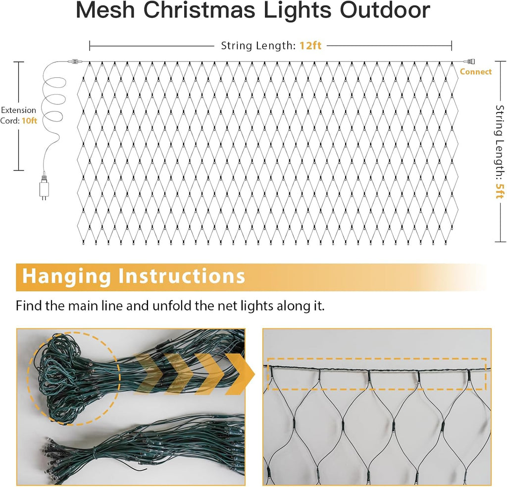 360 LED Christmas Net Light, Net Lights Outdoor,12ft x 5ft Bush Lights Outdoor Waterproof Connectable Green Wire