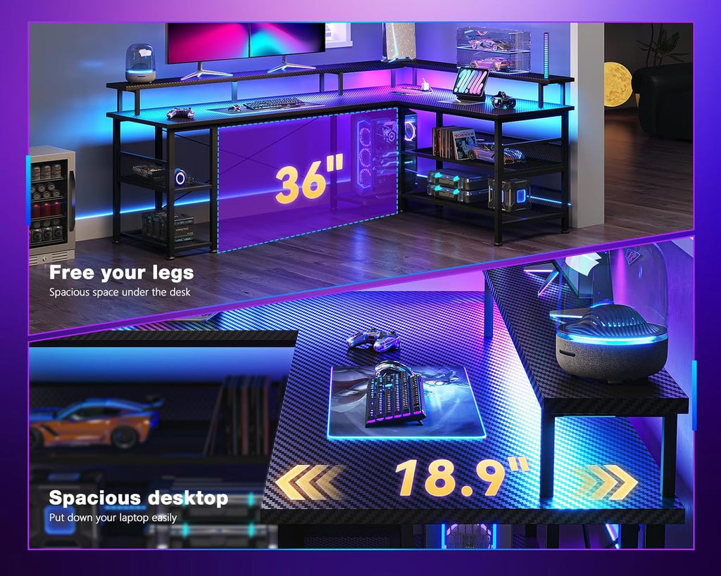 66" Large L Shaped Gaming Desk with Power Outlet & LED, Black | Reversible L desk, carbon fiber texture. Storage