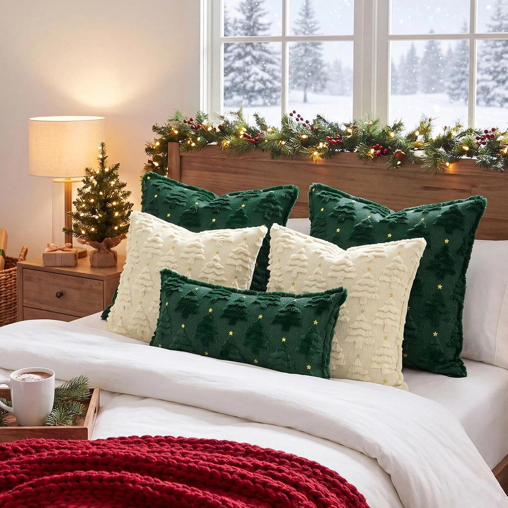 Christmas Pillow Covers 18x18, Green Xmas Tree Decor - Set of 2