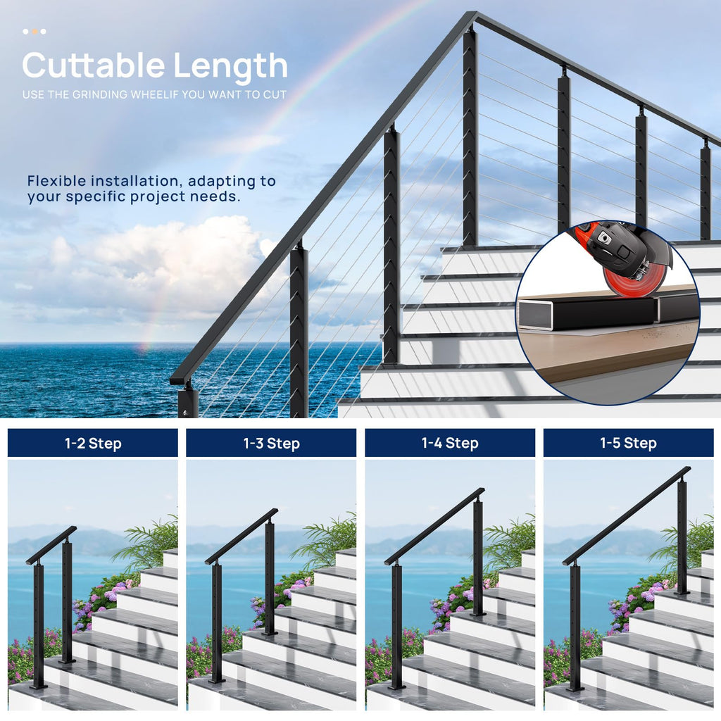 10FTx 2"x1" Aluminum Black Handrail with Self Drilling Screw Nylon End Caps