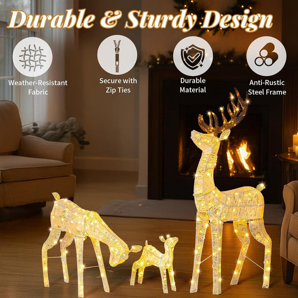 5FT 3D Lighted Outdoor Christmas Deer Family Set, 3- Piece Christmas Reindeers with 280 Warm LED Lights, Yard