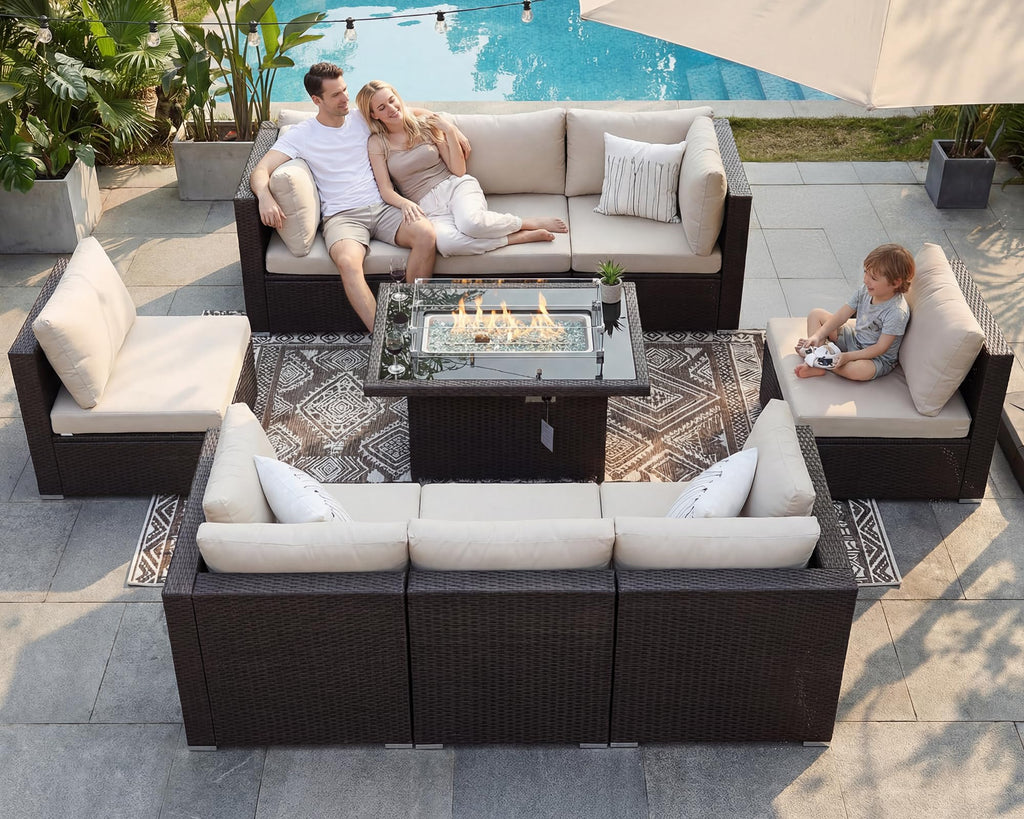 9 Piece Patio Furniture Conversation Set, Extra Large Size Outdoor Rattan Sectionals with Fire Pit Table Natural Gas