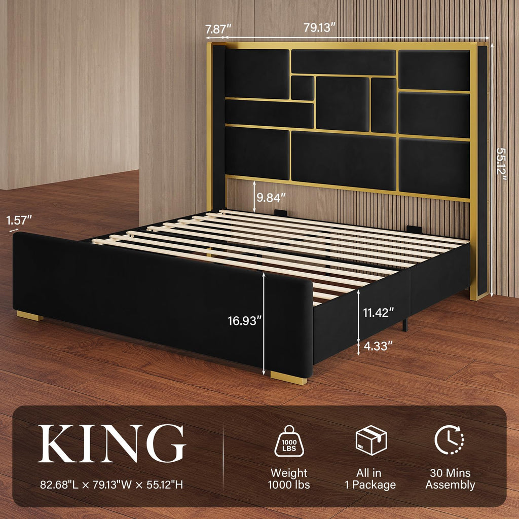 King Bed Frame and Gold Trim Headboard, Upholstered Bed, Black