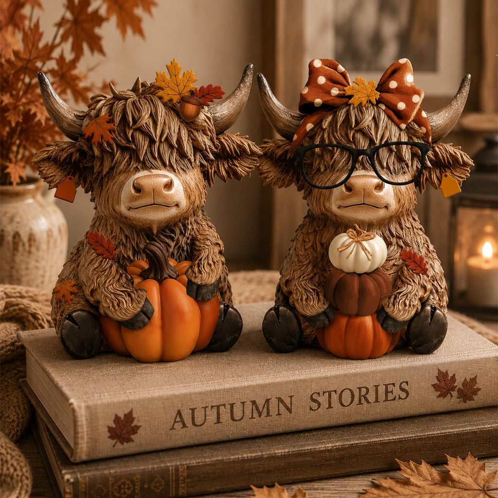 2 Pcs Fall Highland Cow Figurines Resin, Autumn Tabletop Decor