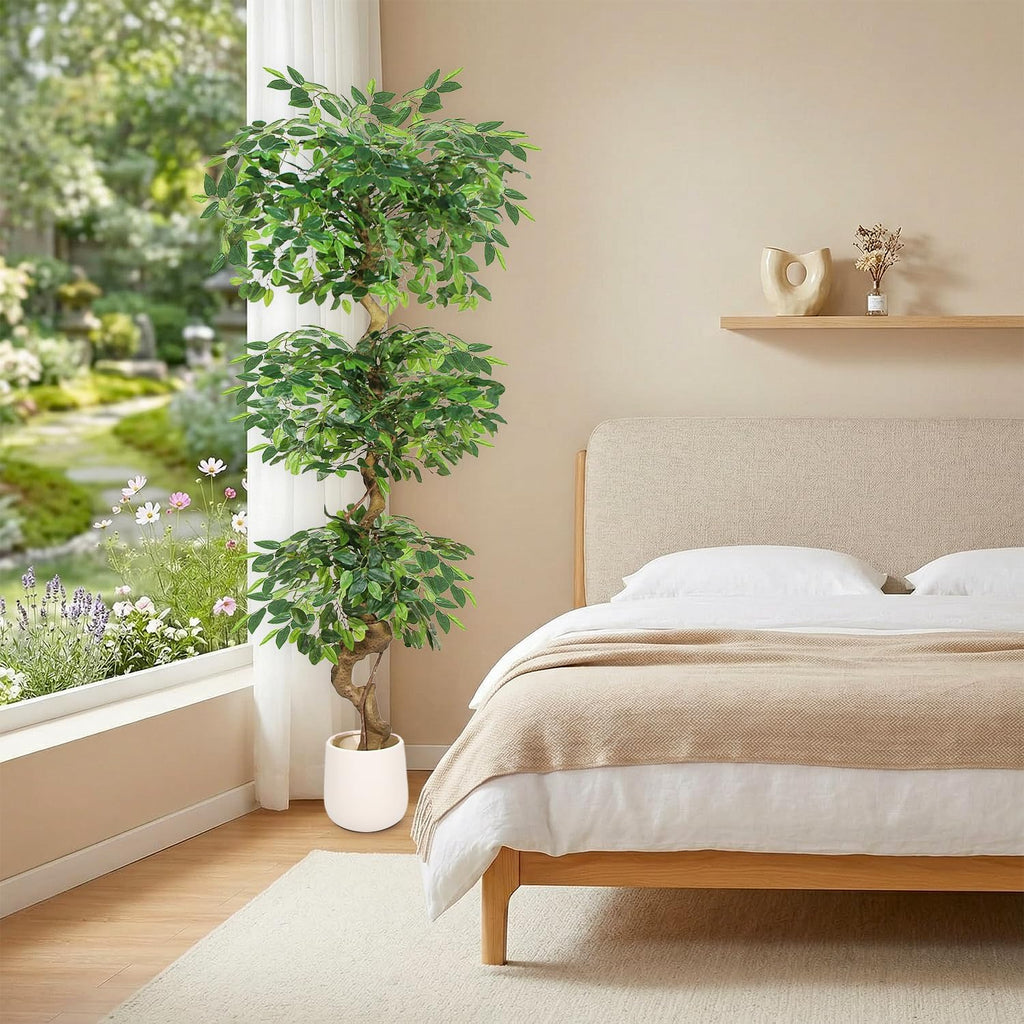 6FT Artificial Ficus Tree,Large Fake Tree with White Planter, Tall Faux Ficus Tree with Lifelike Leaves and Realistic