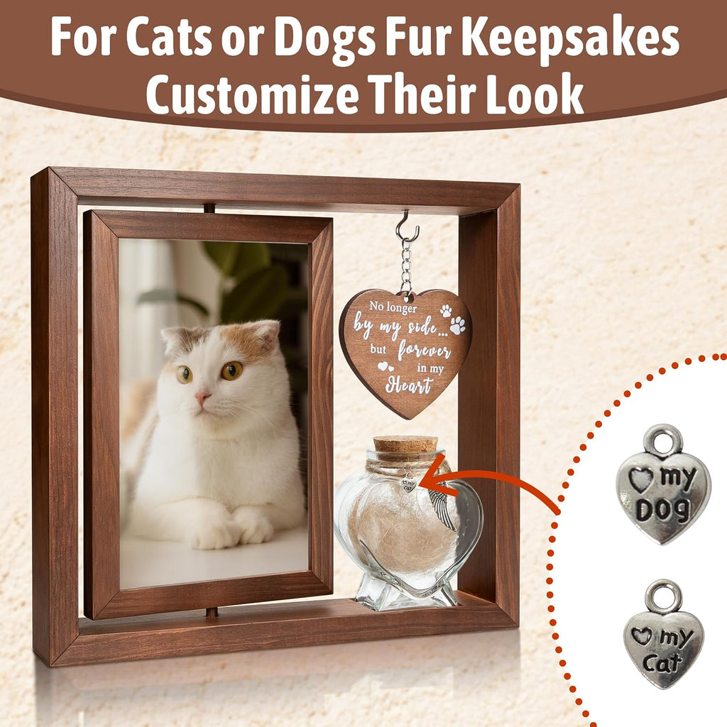 Dog Memorial Gifts for Loss of Pet - Rotating Wooden Frame for 4x6 Photo & Fur Hair Jar - Sympathy Gift for Pet