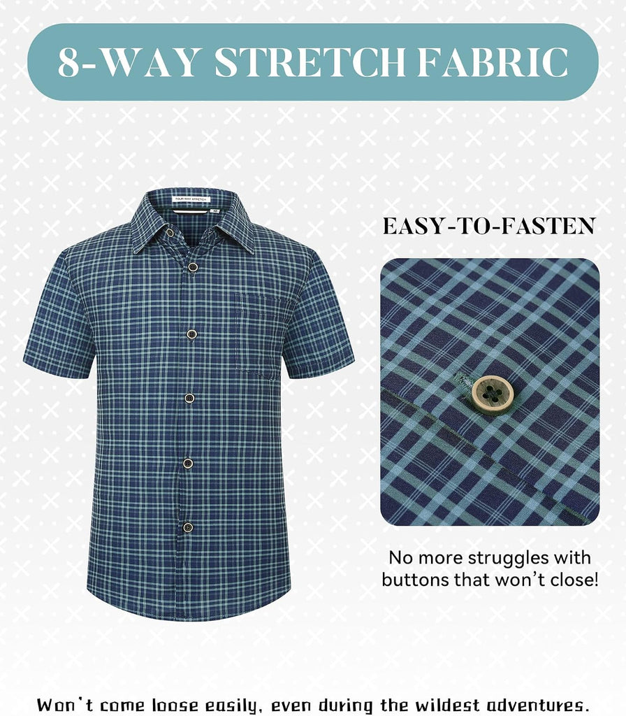 Boys Casual Button Down Shirts Short Sleeve Wrinkle Free Way Stretch Dress Shirs Plaid Shirts for Kids