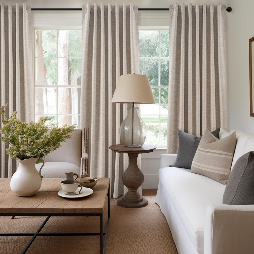 Extra Long Linen Blackout Curtains 132 Inches Long Farmhouse High Ceiling Mount Track Tall Curtain with Hooks Drapes