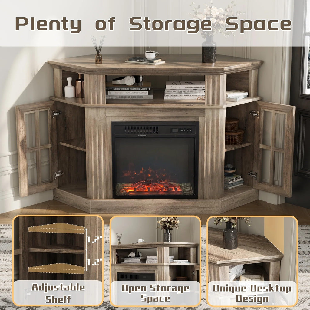 Corner Fireplace TV Stand for TVs up to 55 Inch, Rustic Oak