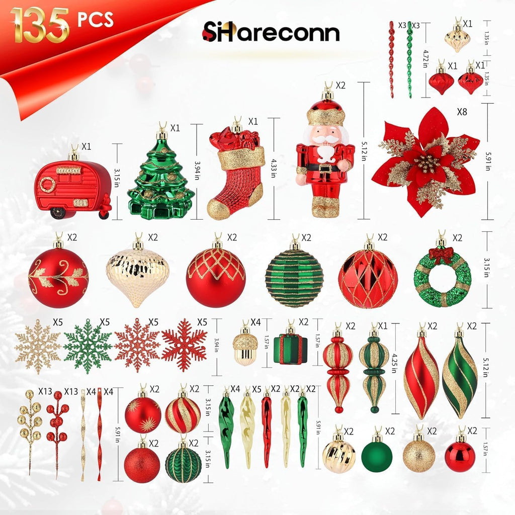 135-Pack Christmas Ornaments, Shatterproof Plastic Christmas Balls for Tree Decorations Baubles with Hanging Strings
