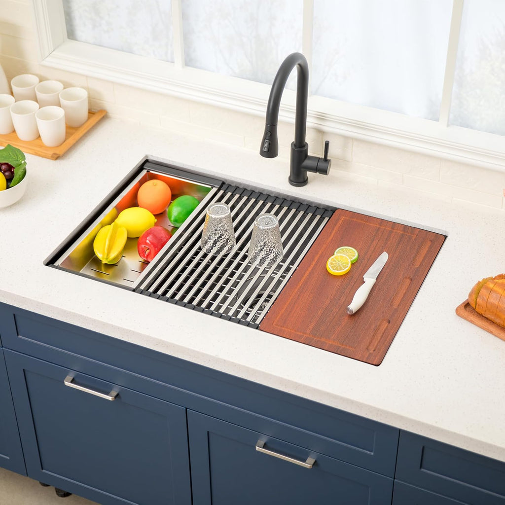 32 Inch Black Undermount Kitchen Sink, Stainless Steel Undermount Sinks Workstation Single Bowl 16 Gauge Under