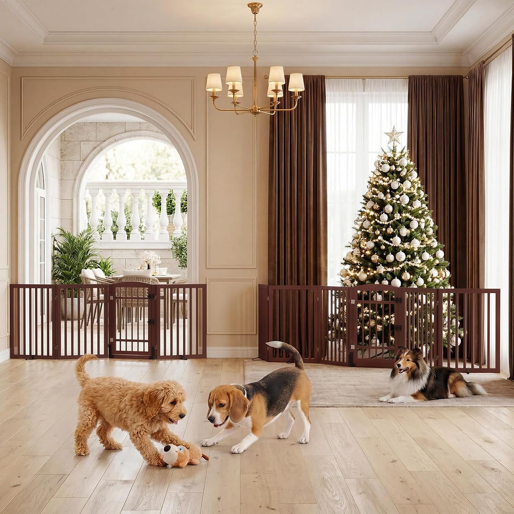Dog Gate Indoor, 132" Wide Bamboo Pet Gate with Door, 30"H, Espresso