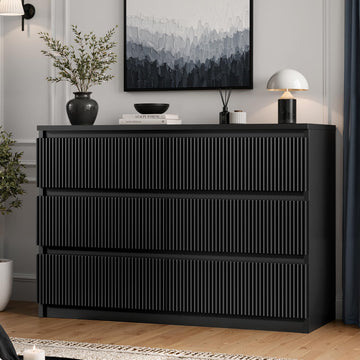 6 Drawer Fluted Dresser, Modern Chest of Drawers with Hidden Handles, Wood Storage Organizer Cabinet, Black (15.7" D