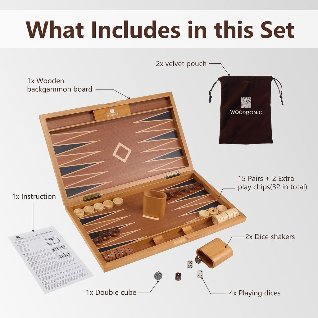 Wooden Backgammon Set for Adults - 19 Inch Classic Board Game Case - Premium Folding Backgammon Set with Wooden - Set of 200