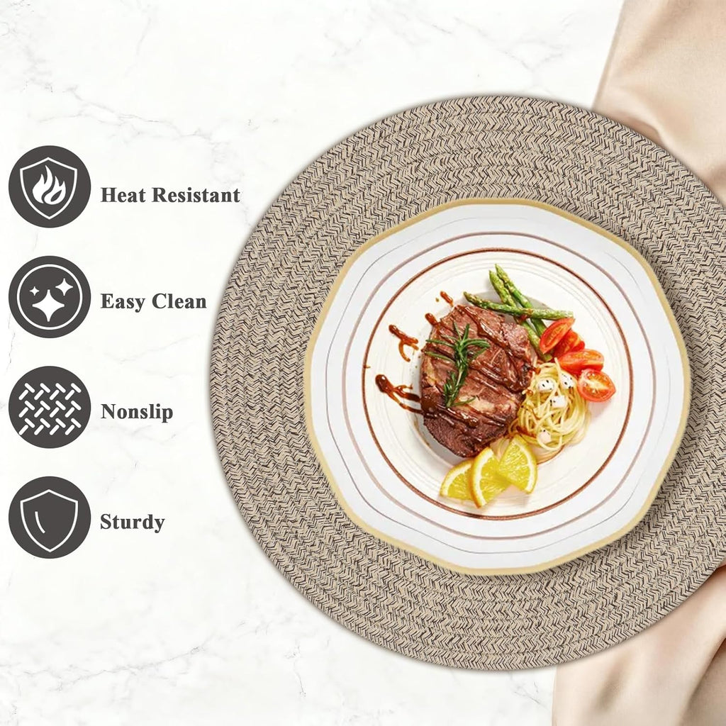 Round Placemats, Cotton Rope Woven Table Mats, Hot Pads, Non Slip Heat Resistant Place Mats, 13 Inches - Set of 6