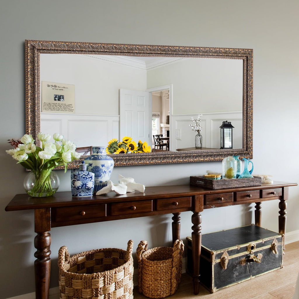 60" L x 31" W Large Full Length Mirror, Antique Bronze Decorative Mirror with Ornate Solid Wood Frame, Rectangular