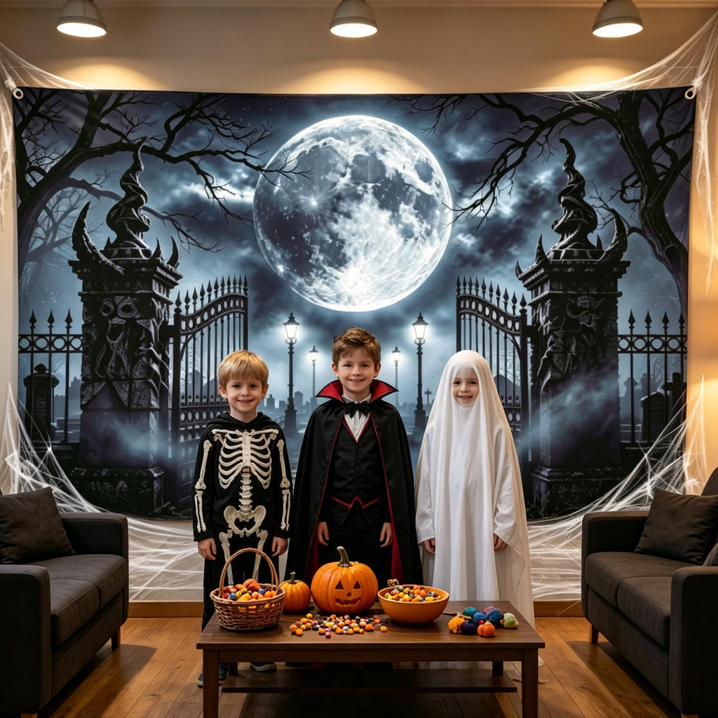 Halloween Backdrop 8x6FT with Spider Web Kit, Graveyard Cemetery Banner