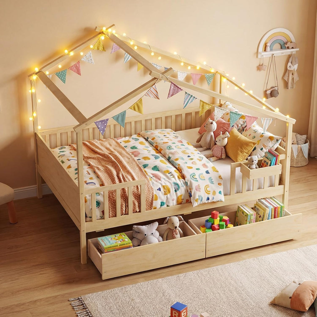 Full Size House Bed for Kids, Full Storage Bed with Roof & Fence Rails, Wood Bed Frame with Storage Box & 2 Rolling