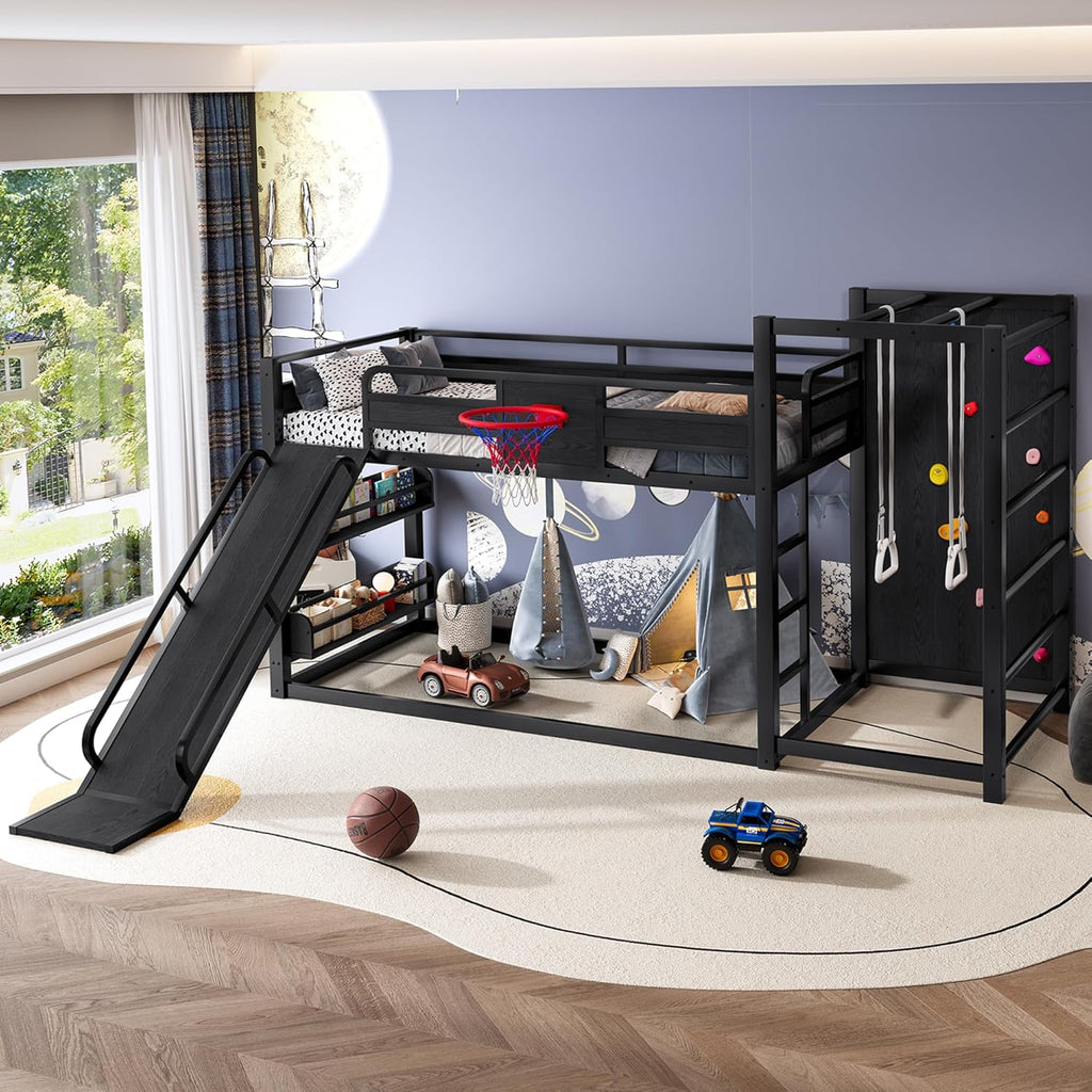 Twin Bunk Bed with Basketball Hoop, Pull-up Rings and Climbing Wall, Twin Bunk Bed with Slide and Bookcase