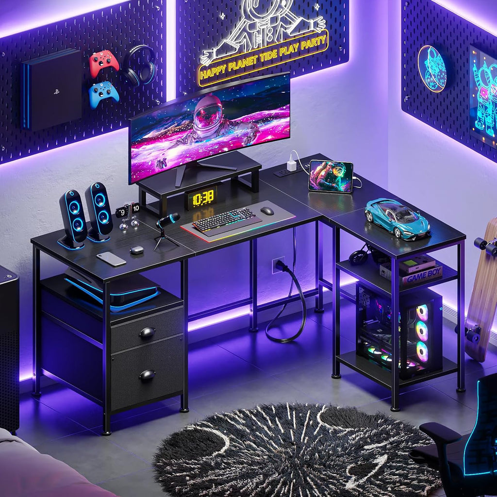 50 Inch L Shaped Gaming Desk with Power Outlet and Drawers, Black | Reversible Computer Corner Design,Fabric File