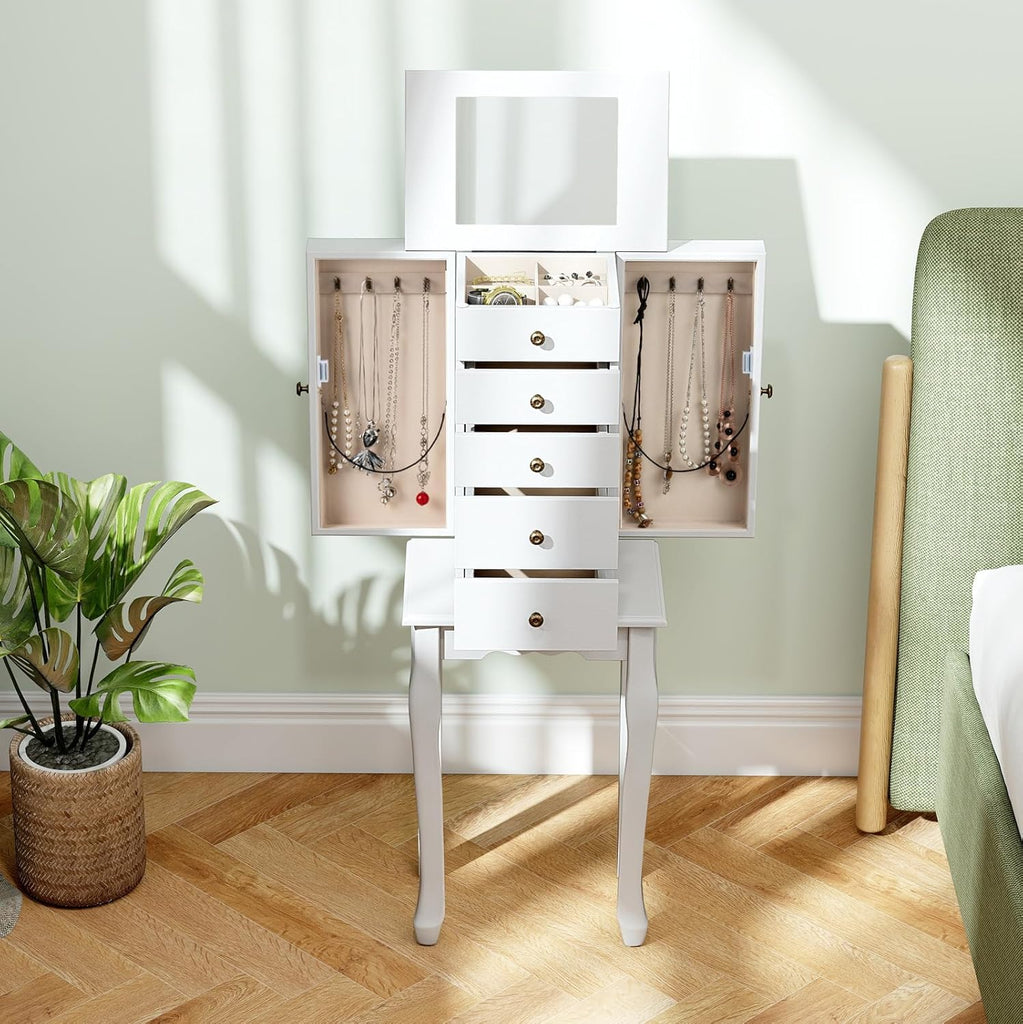 Standing Jewelry Armoire Cabinet with 4 Drawers, Flip Top Mirror, Top Storage Compartments, 2 Side Doors with 8