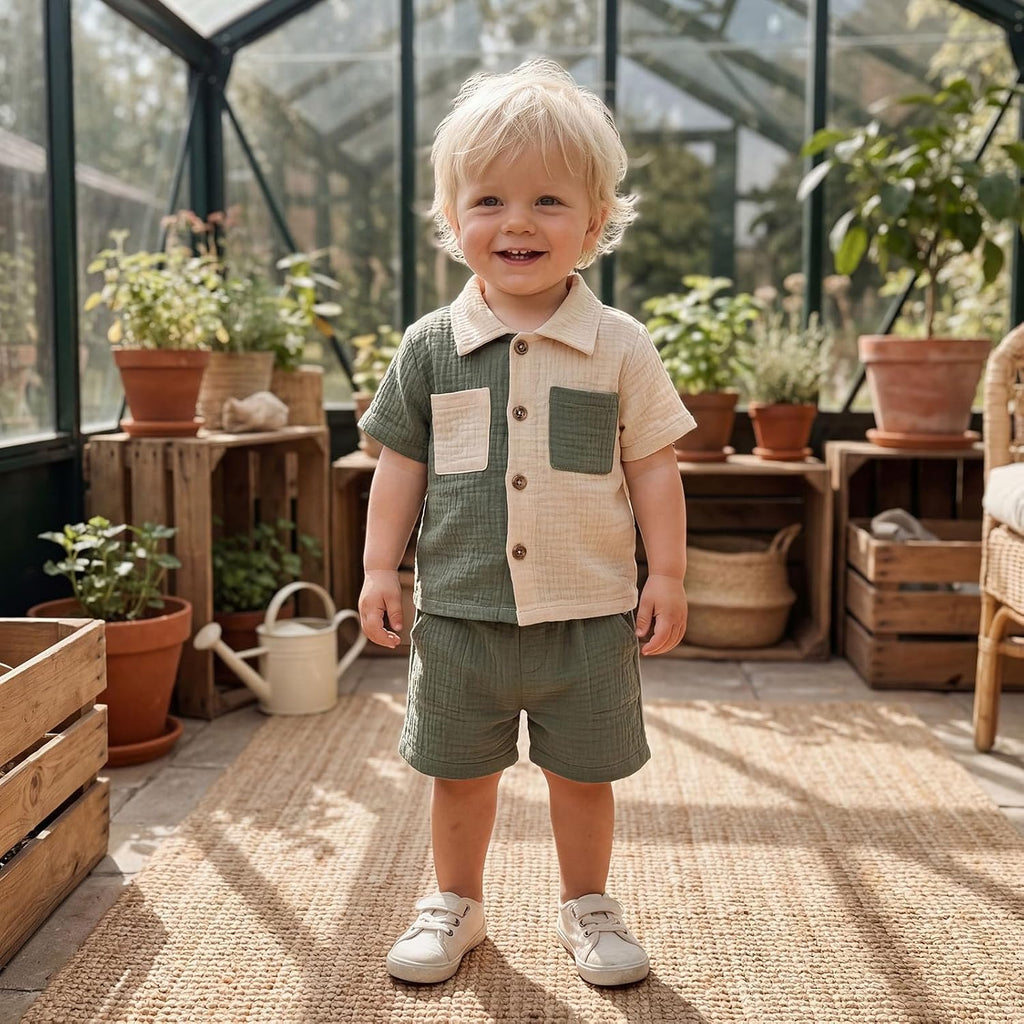 Baby Boys Summer Outfit Color Blocking Button Down Shirts + Shorts Cotton Gauze 2PCS Toddler Clothes Set with Pockets