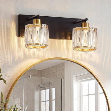 2-Light Crystal Bathroom Vanity Light Fixtures, Black and Gold