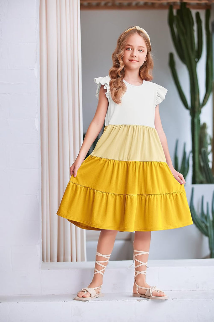 Girls Ruffle Sleeve Tiered Swing Midi Casual Sundress with Pockets