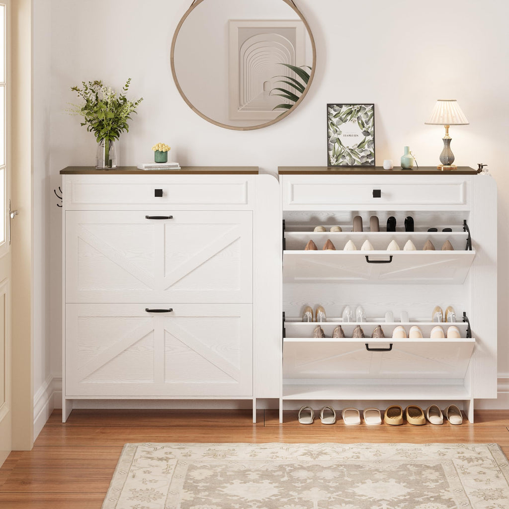 Shoe Storage Cabinet with 2 Flip Drawers & Barn Door, White/Walnut