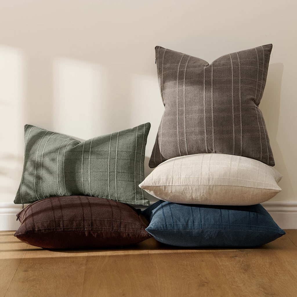 Linen Plaid Pillow Covers Fall Decorative 18x18 Dark Brown