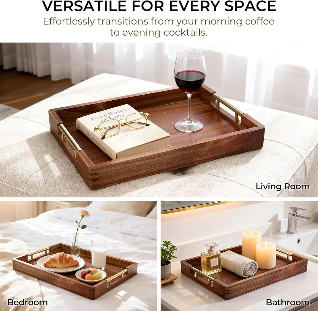 Acacia Wood Serving Tray with 2 Sets of Handles (Gold & Silver) - 17" Large Wooden Tray for Ottoman Coffee Table
