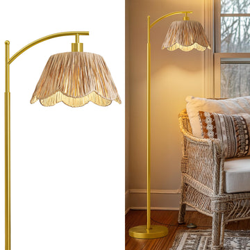 Arc Floor Lamp,Rattan Boho Floor Lamp Decor with Hand-Woven Shade, Foot Switch,Gold Metal Base & Pole,Farmhouse