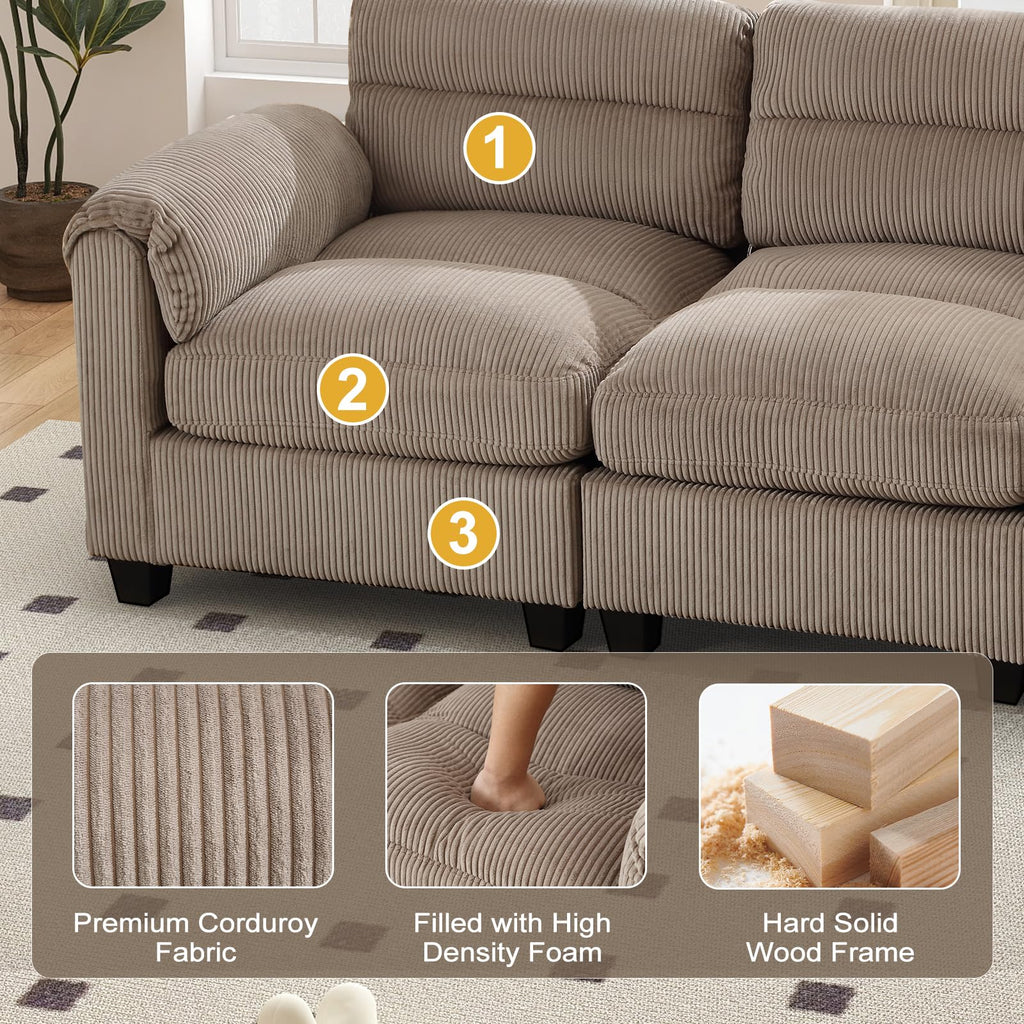 115" Wide Modular Sectional Sofa Couch, Oversized Corduroy l Shaped Sectional Couches with Rolled Arms, 7-Seater