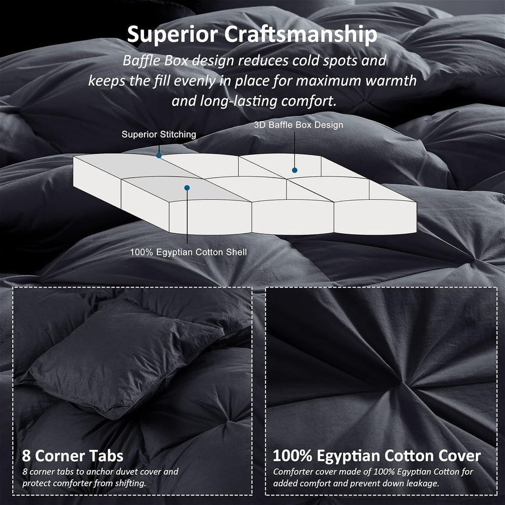 Luxurious All-Season Goose Down Feather Fiber Comforter Queen Duvet Insert, Exquisite Black Pinch Pl