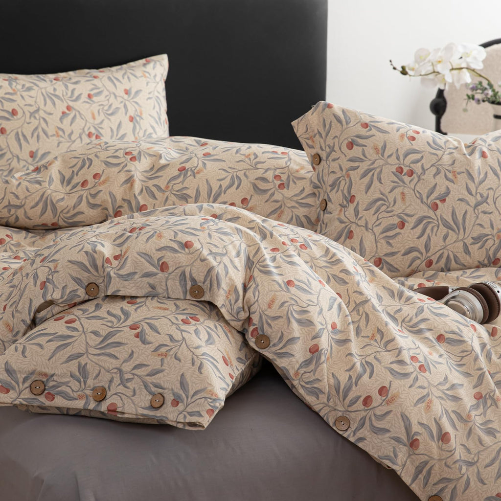 Cotton Linen Floral Duvet Cover Set - Vintage Botanical Print Bedding with Wooden Button Closure, Soft