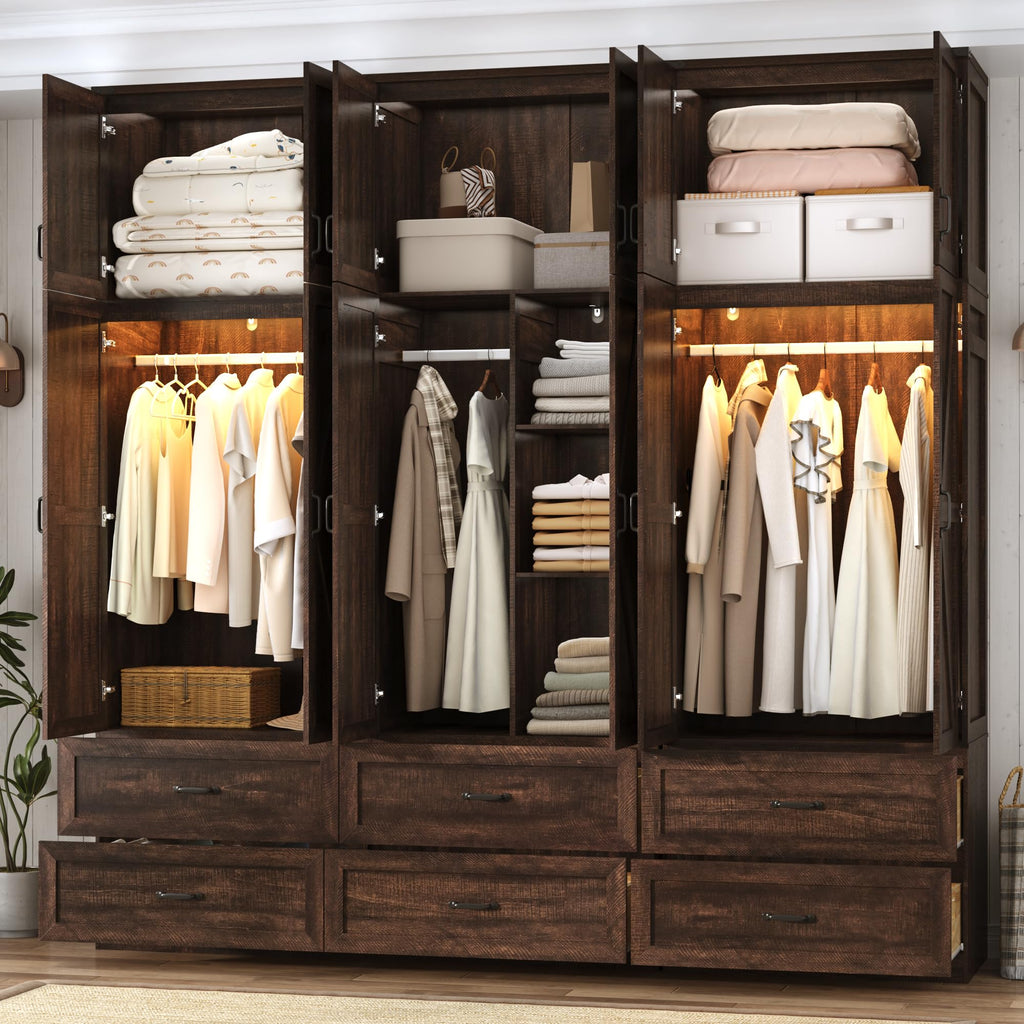 94" Tall Farmhouse Armoire Wardrobe Closet, 4 Doors & 2 Drawers, Brown