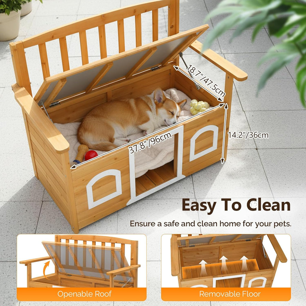 Outdoor Dog House, Wood Bench with Dog House for Small Pets, Outdoor Cat House with Flip Seat for Easy