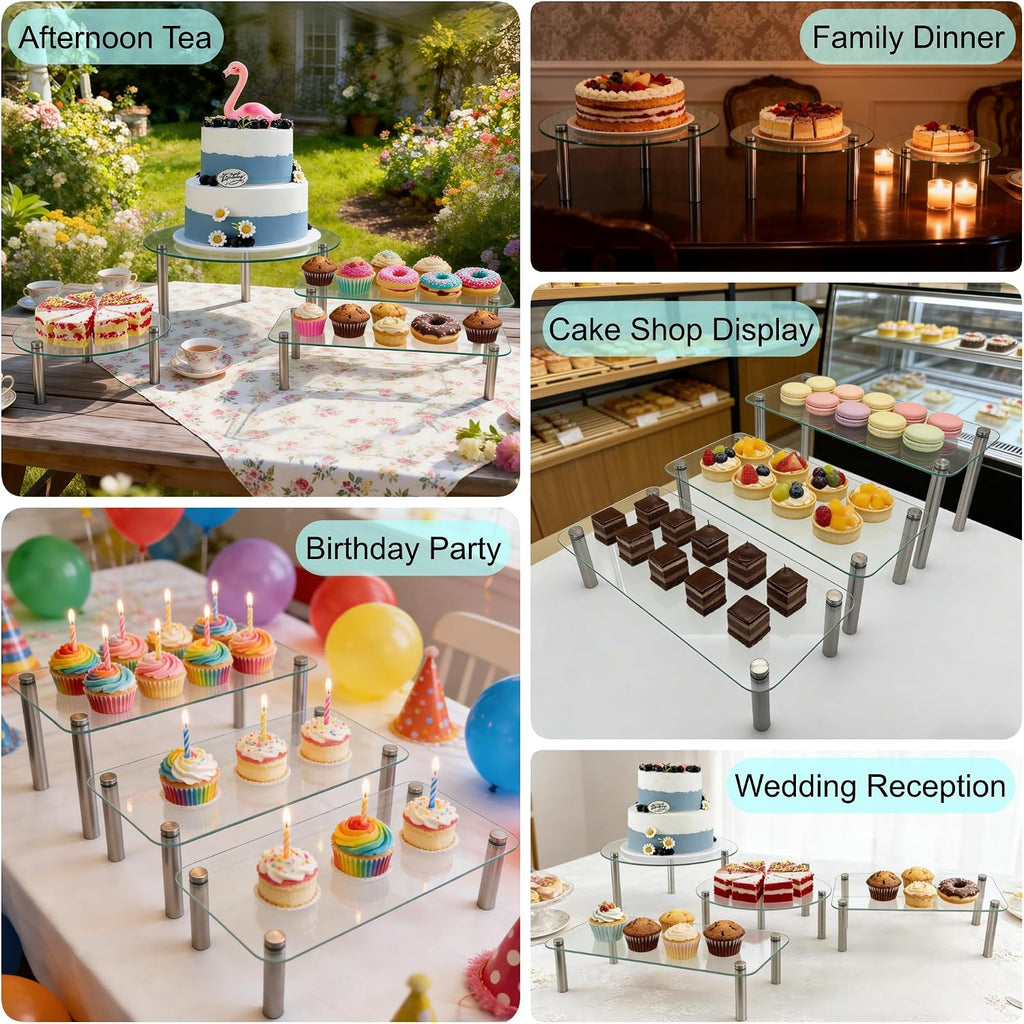 Tempered Glass Cake Stands Set 9 11 13 Inch Dessert Display Riser - Set of 6