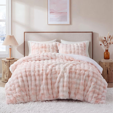Faux Rabbit Fur Comforter Set, 3-Piece Reversible Sherpa Bedding, 450 GSM Faux Fur with Cozy Sherpa Reverse, 3D