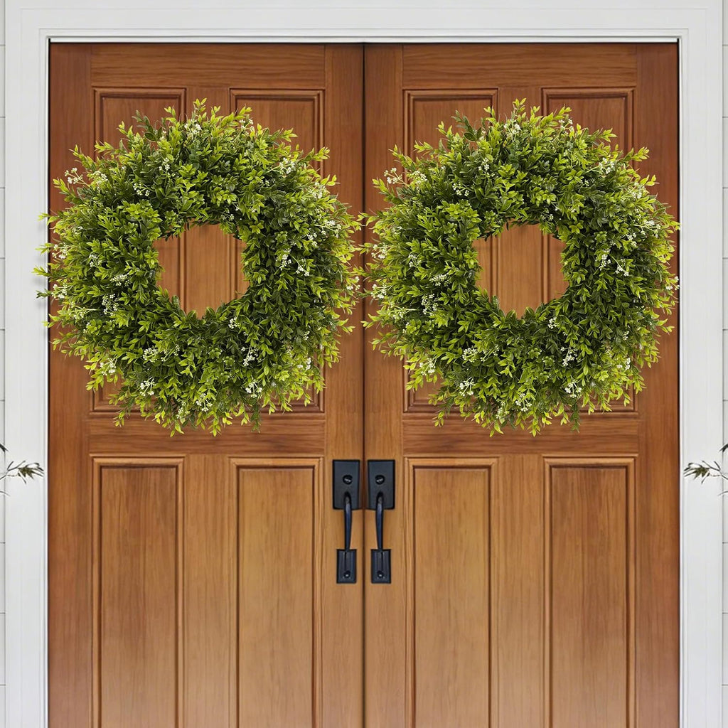 28'' Large Boxwood Wreath for Front Door Porch Window Artificial Boxwood Leaves with White Seed Greenery Outdoor