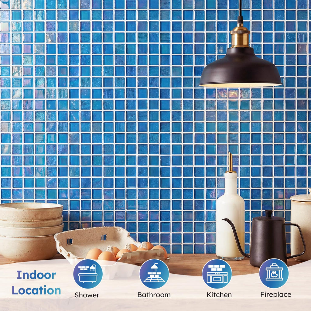 Pool Glass Mosaic Tiles, Iridescent Blue, 1 Inch Sqaure, 5 Sheets
